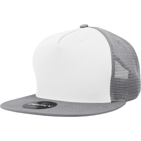 A grey and white 5-panel high pro cotton/poly blend trucker cap with a mesh back and a circular logo.