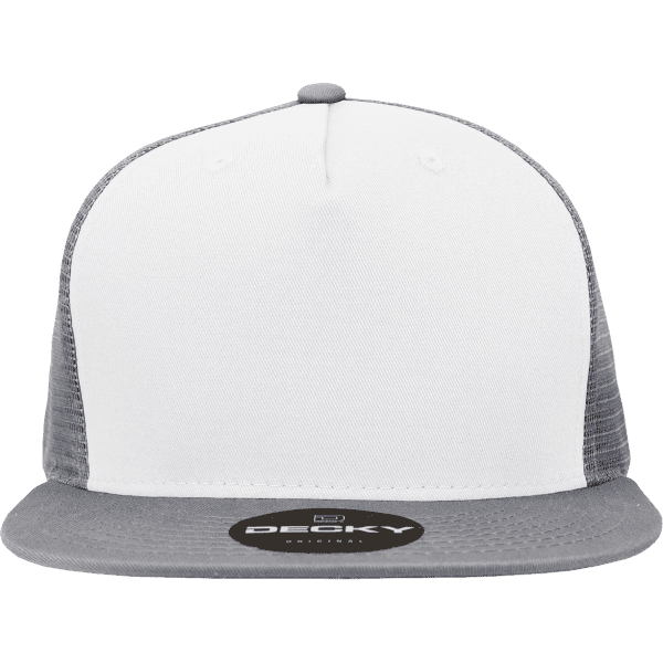 A high-profile structured trucker cap in white and grey, featuring a logo on the front.