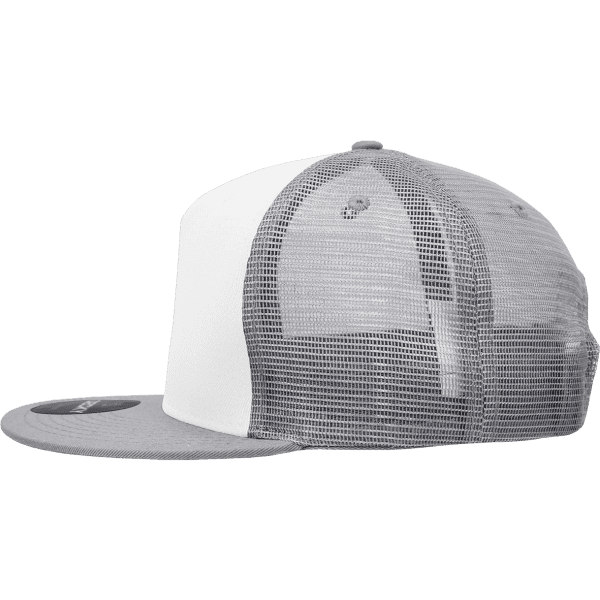 A high-profile structured trucker cap in white and grey with a mesh back and a flat brim.
