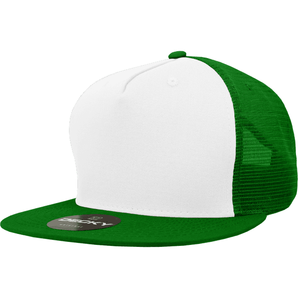A green and white 5 panel high pro cotton/poly blend trucker cap featuring a branded tag on the brim.
