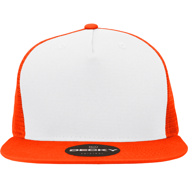 A five-panel high-profile structured trucker cap in orange and white, featuring a logo on the front.