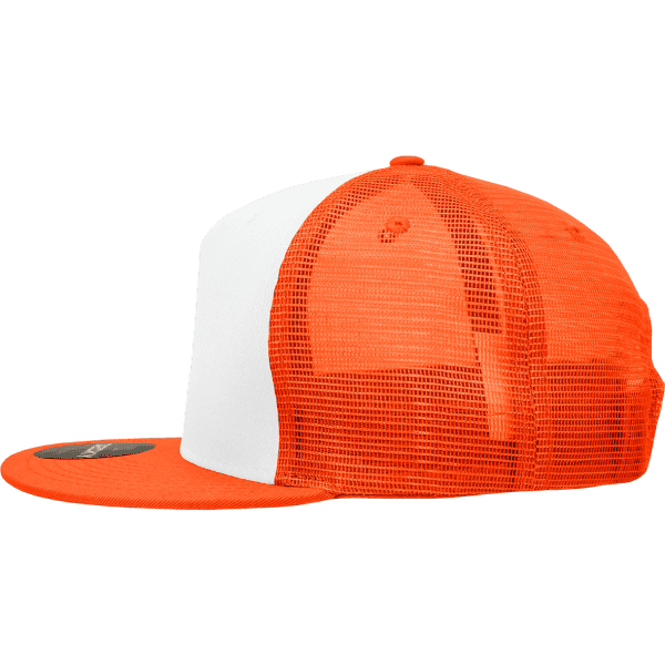 A structured trucker cap in bright orange and white, featuring a mesh back and a flat brim.