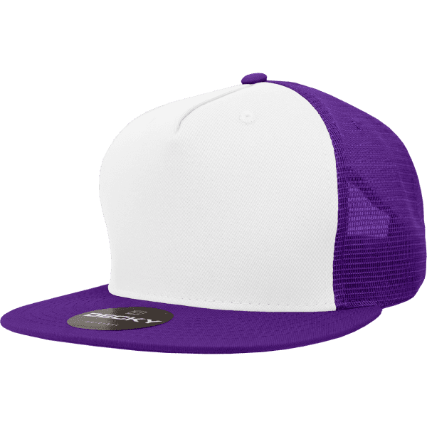 A purple and white 5 panel high pro cotton/poly blend trucker cap with a logo on the front.