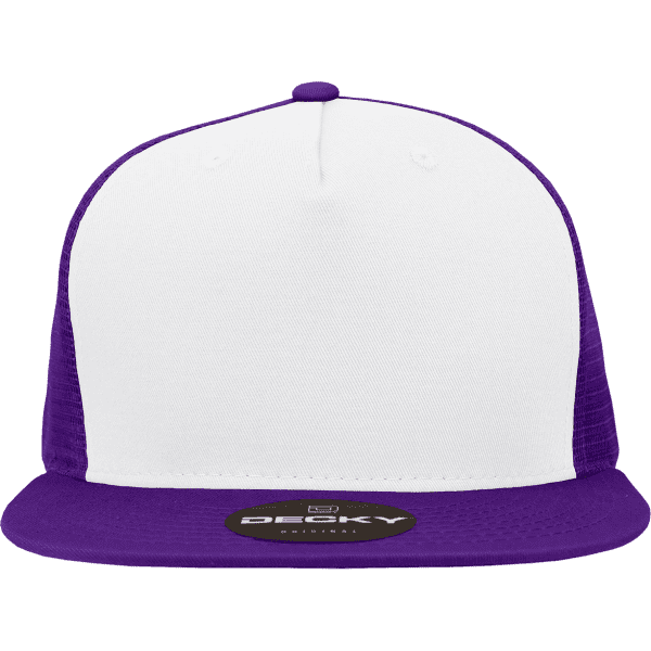 A purple and white 5 Panel High Profile Structured Trucker cap with a black branded badge on the front.