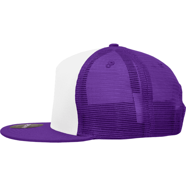 A purple and white 5 Panel High Profile Structured Trucker cap, featuring mesh panels and a flat brim.