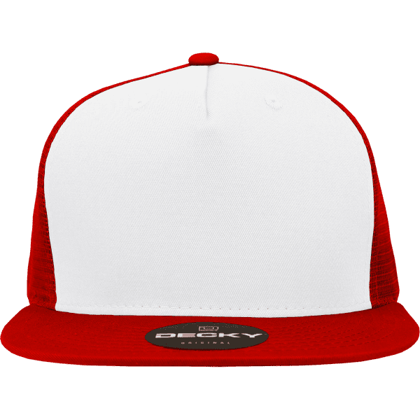 A red and white five-panel high profile structured trucker cap with a logo on the front.