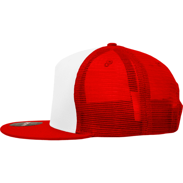 A red and white 5-panel high profile structured trucker cap with a mesh back and a flat brim.