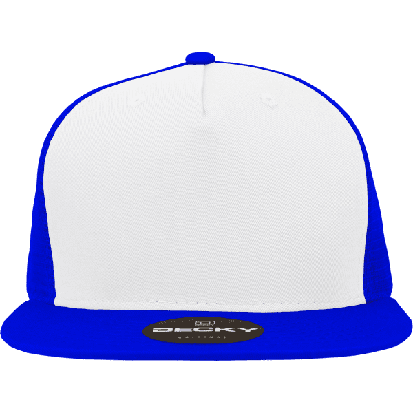 A structured trucker cap with a white front and blue mesh sides, featuring a logo on the front.