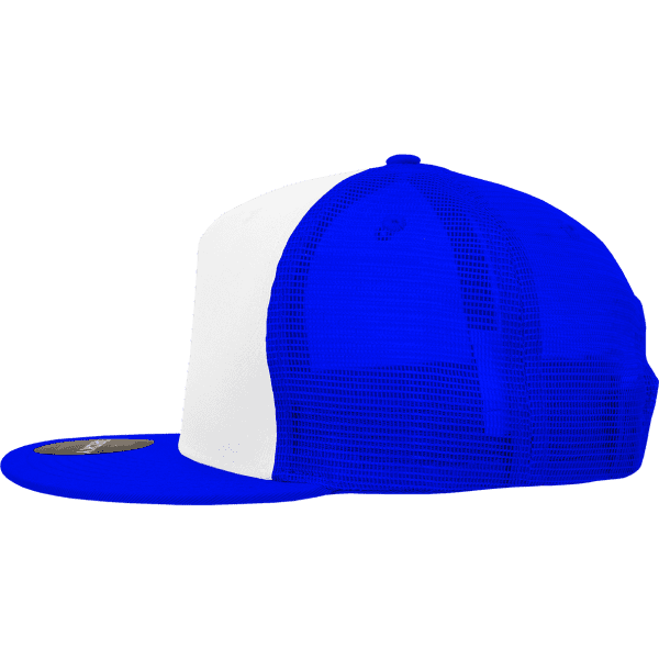 A blue and white 5 panel high profile structured trucker cap with a mesh back and a curved brim.
