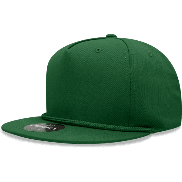 A green 5-panel high pro cotton/poly blend snapback cap with a logo on the front.