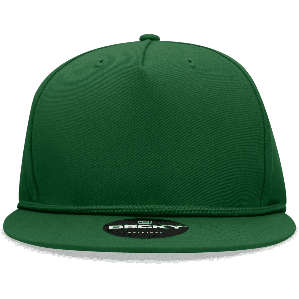 A green 5 panel high profile structured snapback cap with a flat brim and a branded tag on the underside.