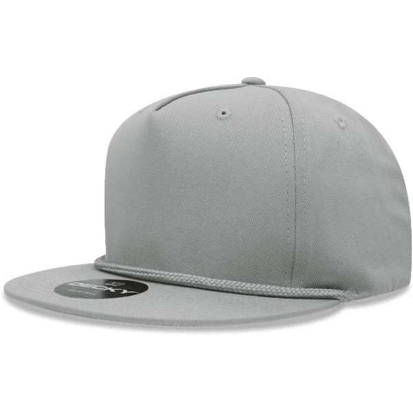 A grey 5 Panel High Pro Cotton/Poly Blend Snapback cap with a logo on the front.