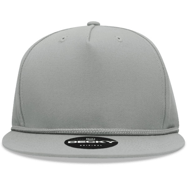 A grey 5 Panel High Profile Structured Snapback cap with a logo on the front.