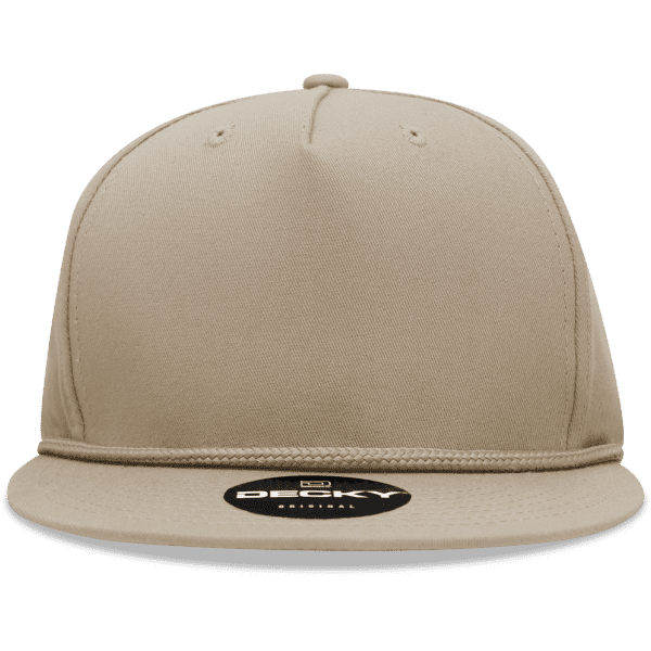 A beige 5-panel high profile structured snapback cap with a logo on the front.