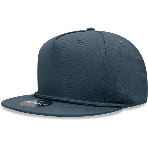 A navy blue 5-panel snapback cap featuring a logo, made from a cotton/poly blend.