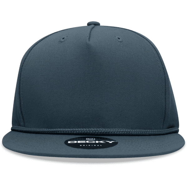 A dark blue 5 Panel High Profile Structured Snapback cap with a logo on the front.