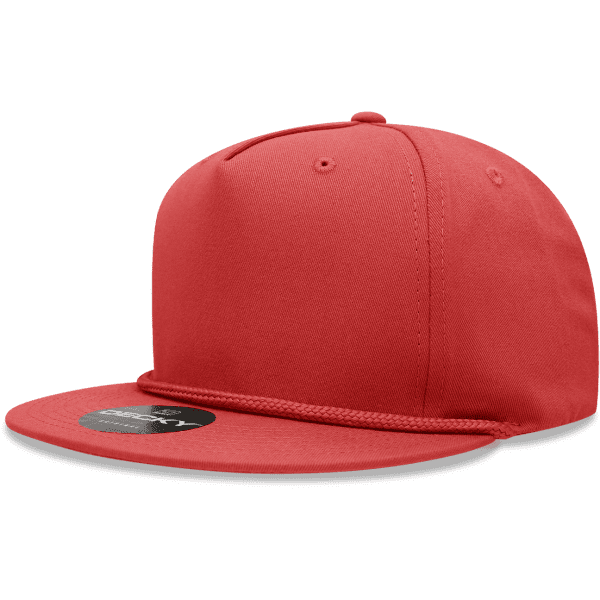 A red 5 Panel High Pro Cotton/Poly Blend Snapback cap with a logo on the front and tags on the brim.