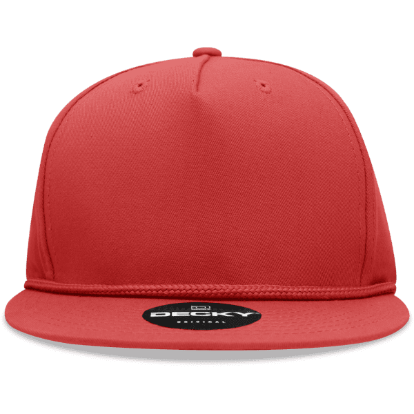 A red 5 panel high profile structured snapback cap with a branded logo on the front.
