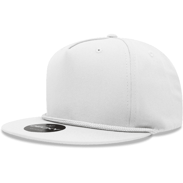 A white 5-panel snapback cap made from a cotton/poly blend, featuring a branded logo on the front.