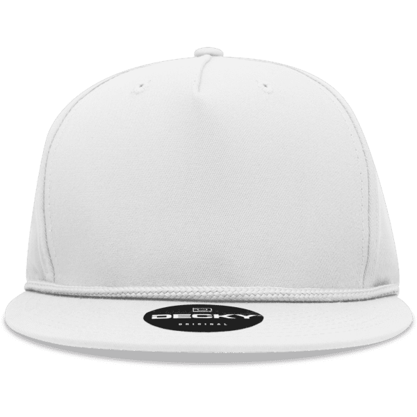 A white 5 panel high profile structured snapback cap featuring a logo on the front.
