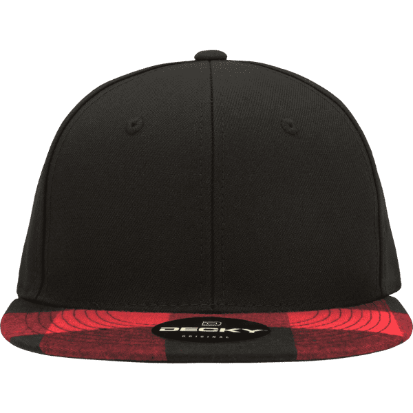 A black snapback cap with a structured high profile and a red plaid bill. Features a logo on the underside of the bill.
