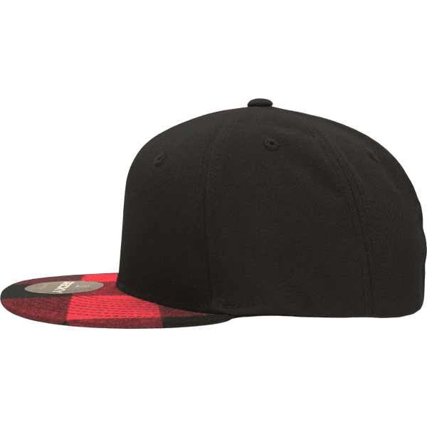 A black snapback cap with a structured design and a red plaid bill. It features a logo on the side.