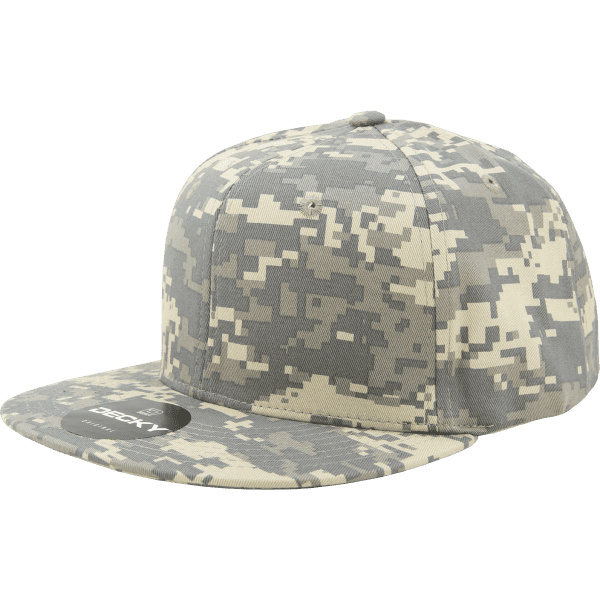A camo-patterned 6 panel high profile structured snapback cap in shades of grey and cream, featuring a logo.