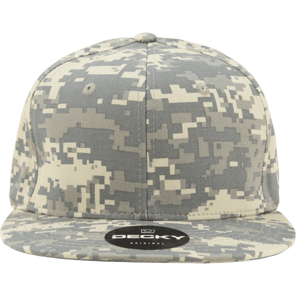 A grey and beige camo snapback cap with a high-profile structured design and a logo on the front.