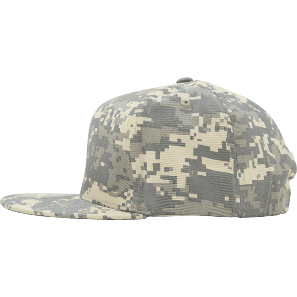A structured high-profile snapback cap in a grey and beige camo pattern, featuring a curved brim and branding.