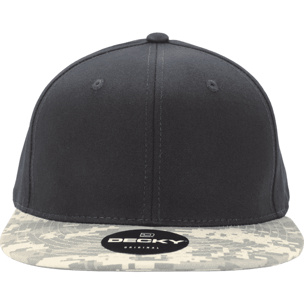 A grey high profile structured snapback cap featuring a camo brim and a logo on the front.