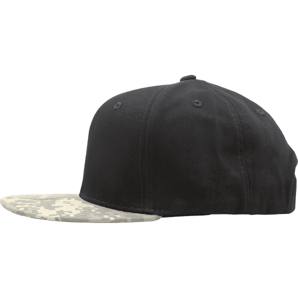 A black snapback cap featuring a structured design and a camo-patterned brim. It includes a logo on the side.
