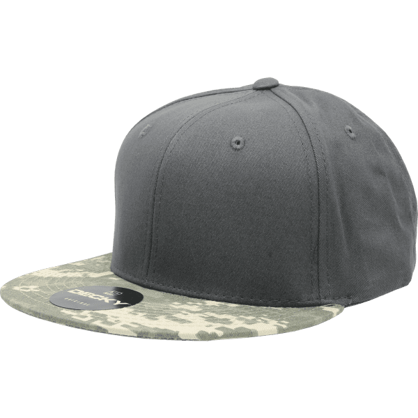 A grey snapback cap with a camo-patterned brim and a logo on the front.