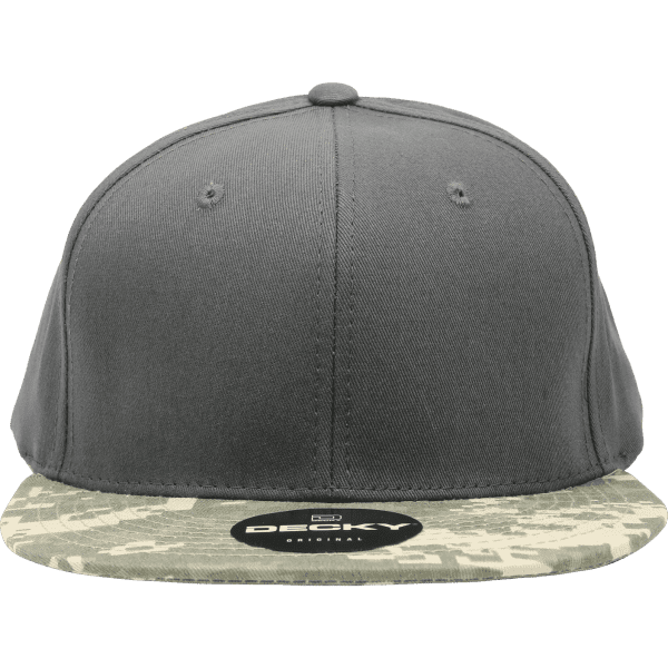 A structured grey snapback cap with a camo-patterned brim and a logo on the front.