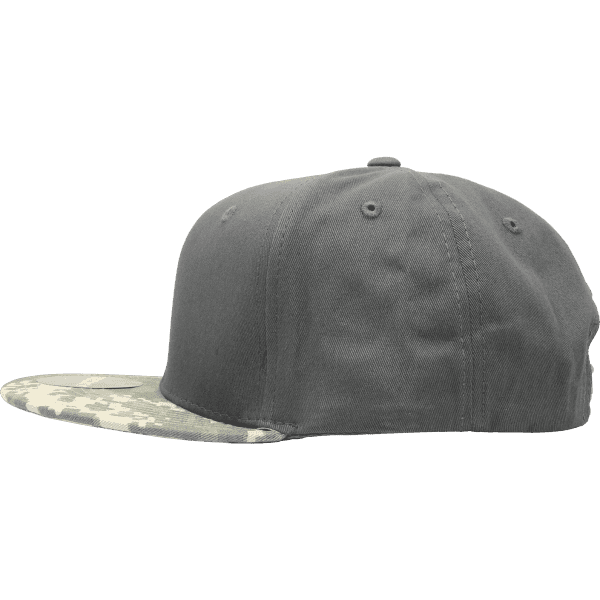 A grey high-profile structured snapback cap with a camo-patterned brim and a logo.