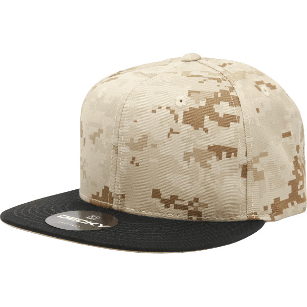 A camo snapback cap featuring a beige and black design, with a logo on the front.