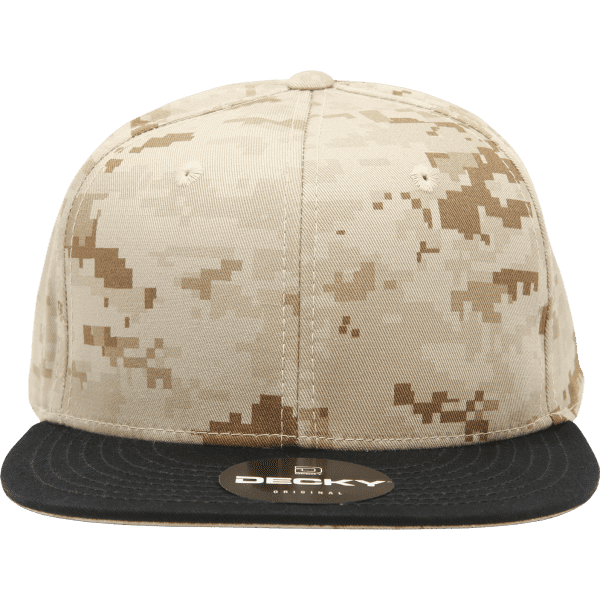 A high-profile structured snapback cap in a desert camouflage pattern with a black peak and a logo.