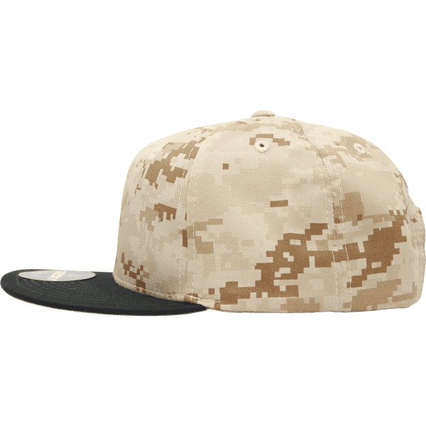 A high-profile structured camo snapback hat in beige and black, featuring a camouflage pattern and a logo.