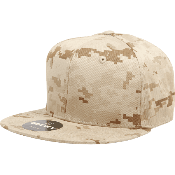 A tan camo snapback cap featuring a flat brim and a logo on the front.