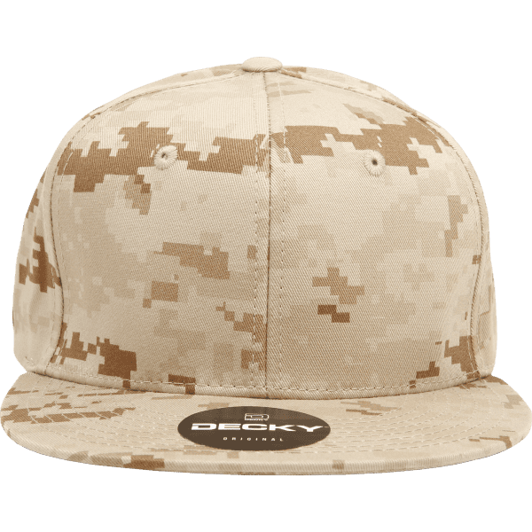 A high-profile structured snapback cap in a camo pattern featuring shades of beige and brown, with a logo on the front.