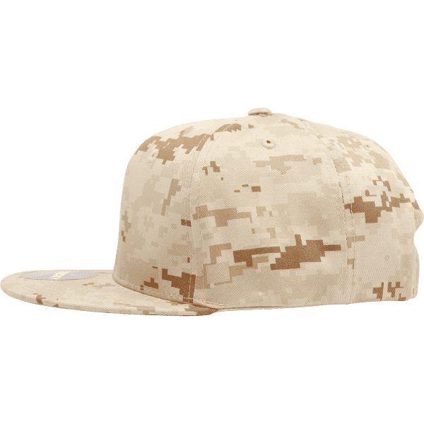 A high-profile structured snapback cap in a camo pattern, featuring shades of beige and tan. It has a logo on the front.