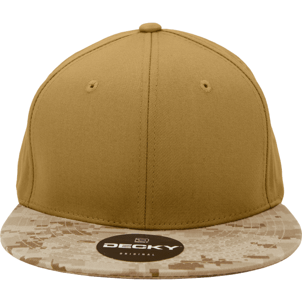 A high-profile structured snapback cap in a tan colour with a camo-patterned brim and a logo on the front.