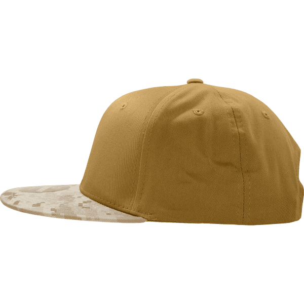 A high-profile structured snapback cap in brown with a camo-patterned brim and a logo on the side.