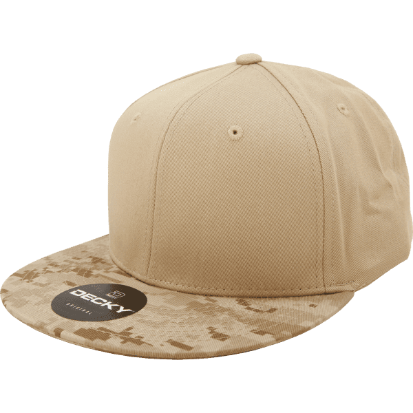 A tan snapback cap with a camo-patterned brim and a logo on the front.