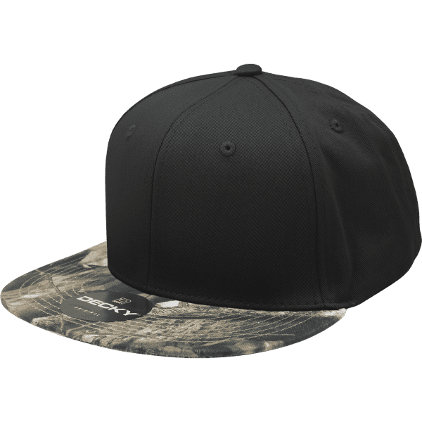 A black snapback cap with a camo-brim. Features a logo on the front.