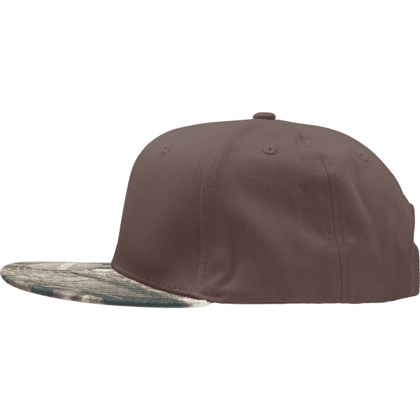 A camo snapback hat featuring a high profile structured design with a brown crown and camo print visor.