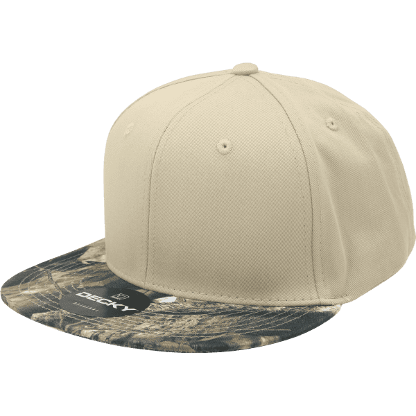A beige snapback cap with a camo-patterned peak and a logo on the front.