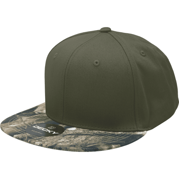 A green snapback cap featuring a camouflage patterned brim and a logo on the front.