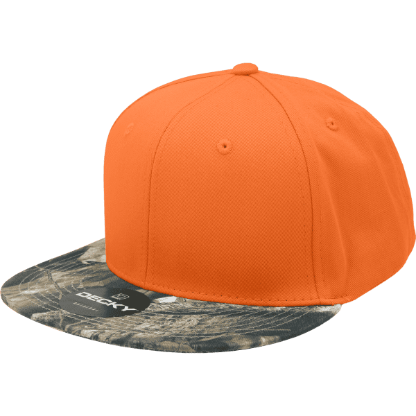 An orange snapback cap featuring a camouflage brim, with a logo on the underside of the peak.
