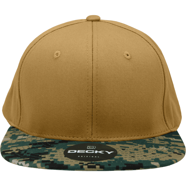 A khaki snapback cap with a structured high profile and a camouflage brim. It includes a logo on the front.