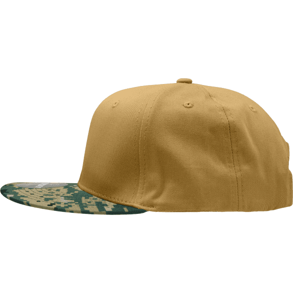A structured high-profile snapback hat in tan with a camo-patterned brim. It features a logo on the front.